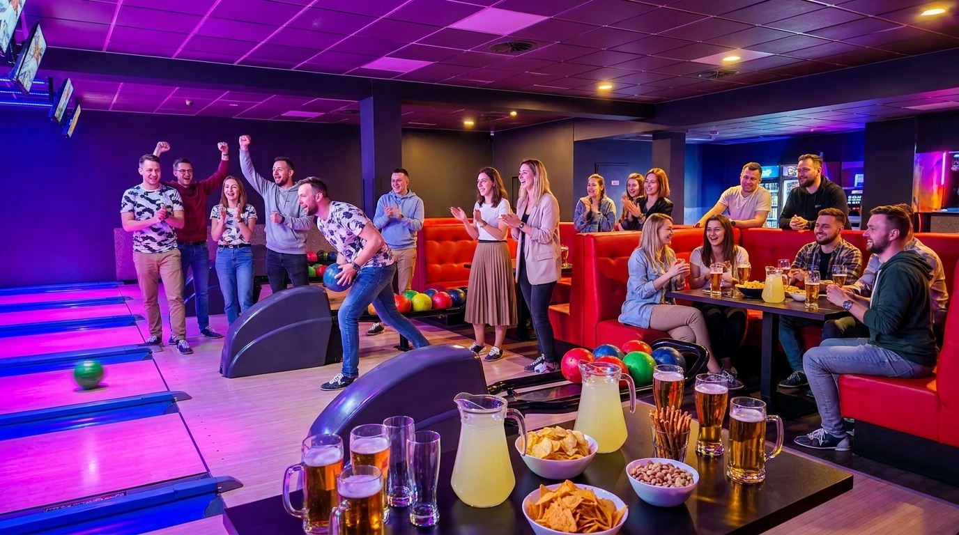 Goście bawiący się na kręglach w Bowl Pub — neonowe tory, loże, piwo i dzbanki lemoniady